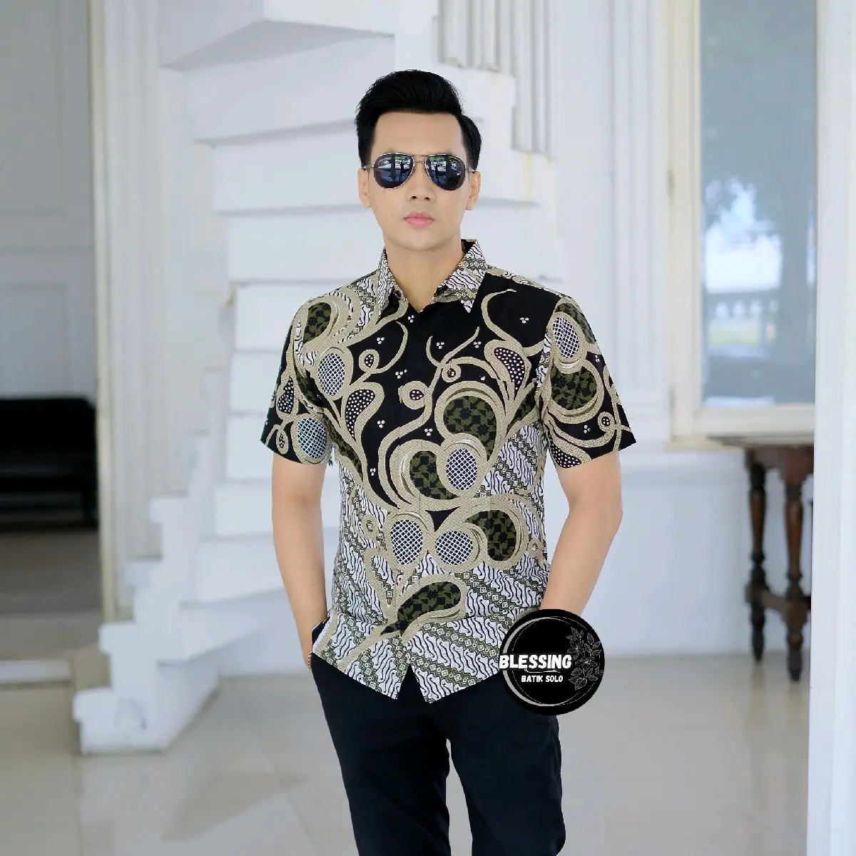 Baju batik pria slimfit lengan pendek Nyaman MOTIF SADEWO bahan katun lapis furing,Atasan Cowok Pendek by Blessing batik solo