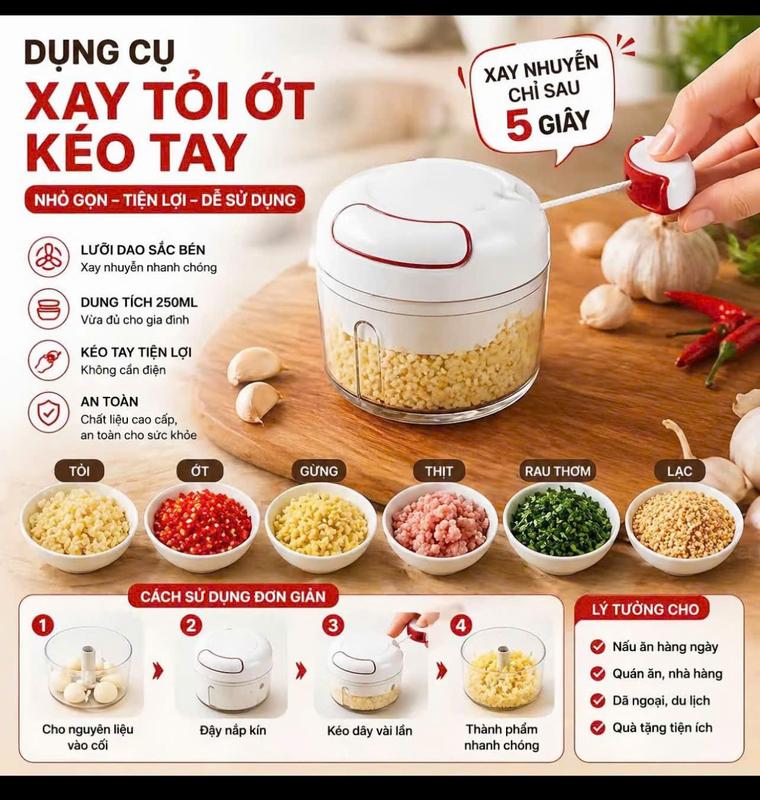 COMBO 2 Dụng cụ xay tỏi ớt cầm tay, máy xay thực phẩm mini kéo tay tiện lợi