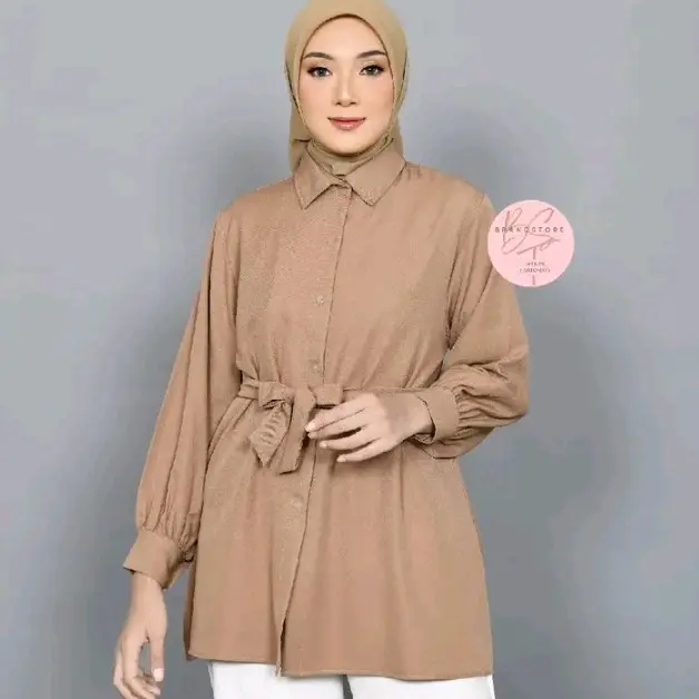 KR - Kemeja Basic Belt Simple Sepuluh Model Kemeja Wanita Remaja Dewasa Formal Kerja Kuliah Kerah Casual Atasan Wanita Ootd Fashion Korean Style Terbaru Murah Baju Kancing Katun Muslim Panjang Toyobo 2