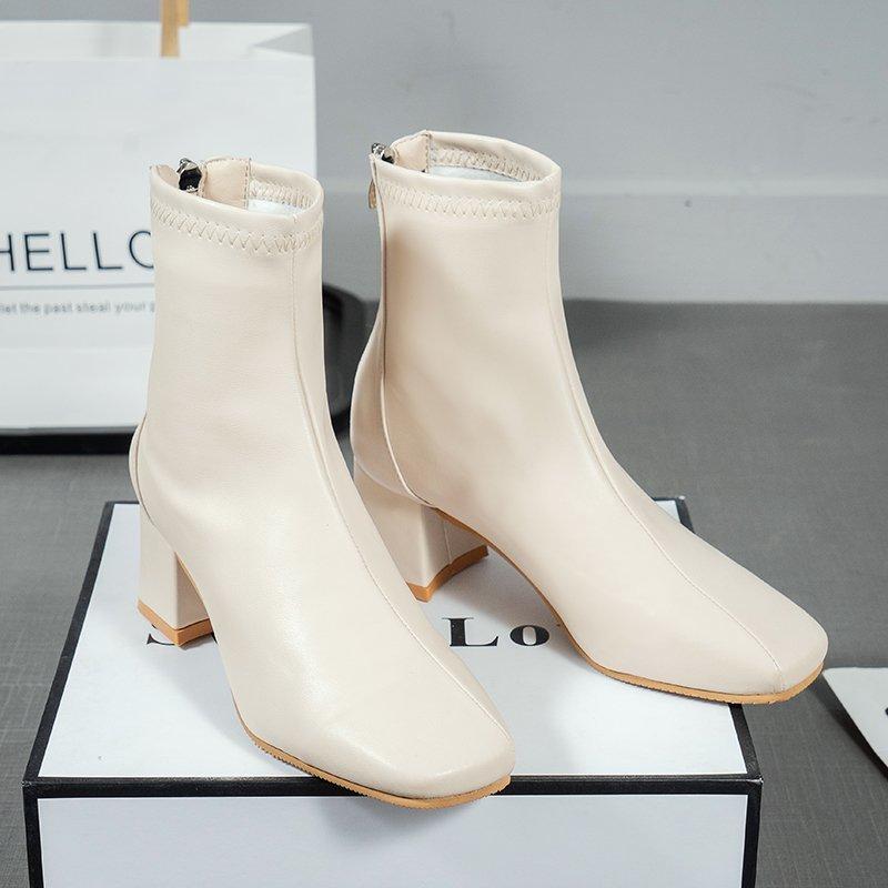 Bốt Da Mùa Đông, JINxCHOY SHOES, Gót Trung, Chất Liệu PU, Màu Trơn Gót Vuông, Khóa Kéo Sau, Thời Trang Cổ Điển Và Dễ Phối Đồ, Cao 6CM, Mỏng Và Bên Ngoài, Bốt Ngắn, Dành Cho Nữ, Phong Cách SS24