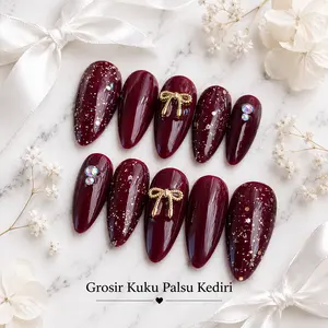 Kuku Palsu Almond Elegan Maroon Vol A7 10 Pcs Ukuran XS/S/M Gratis Lem Gel 12 Pcs Handmade Press-On Nails Wedding Pengantin