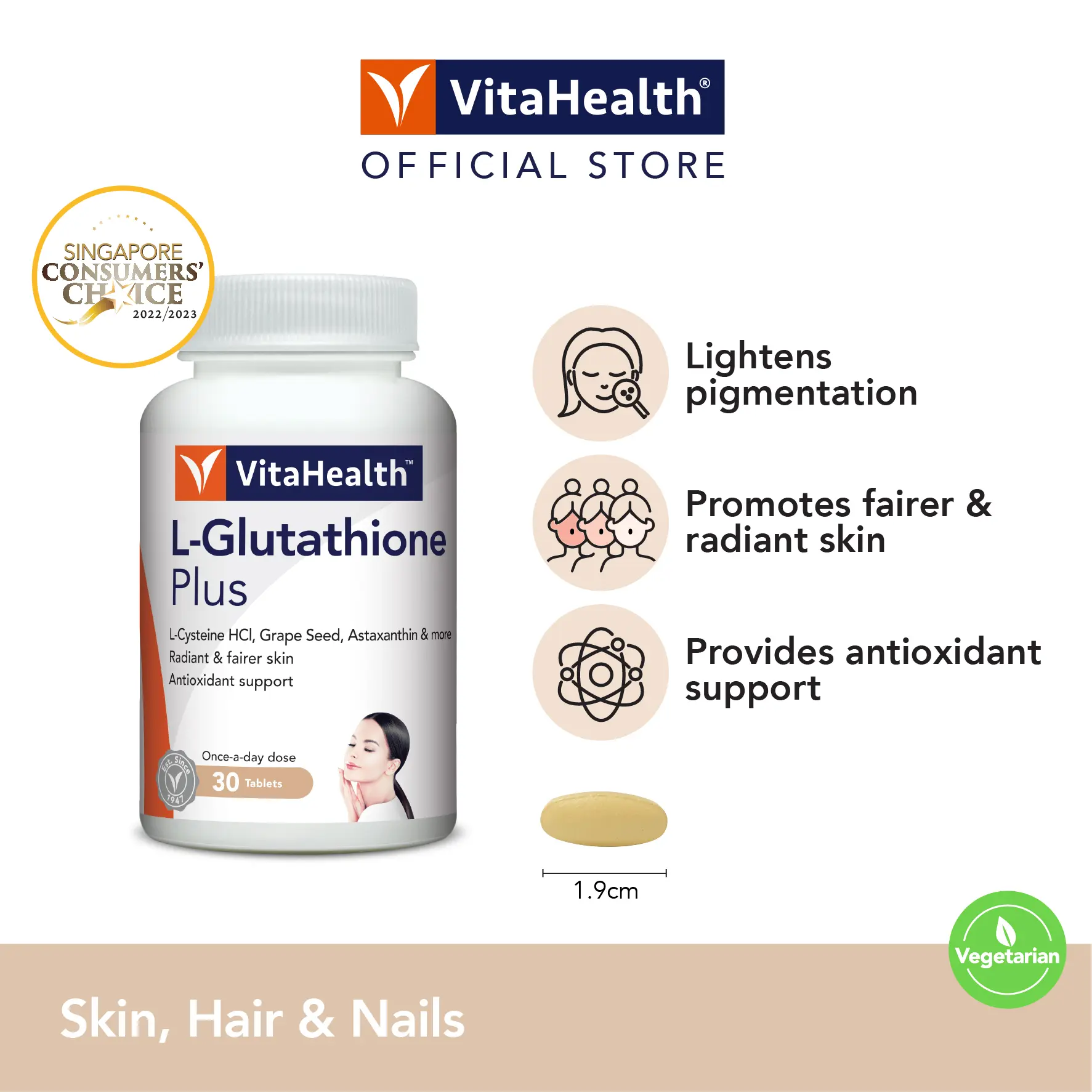 [BEST SELLER] VitaHealth L-Glutathione Plus 30s [EXP 03-2027] - Helps to support fairer, whiter skin and lightens pigmentation, Vegetarian