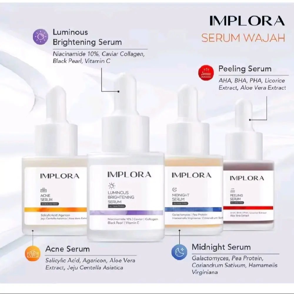 Serum Implora 100% Ukuran 20 ml - Perawatan Wajah Mencerahkan - Niacinamide, Aging, Berjerawat, Vitamin, Kerutan, Essence, Pencerah Extract