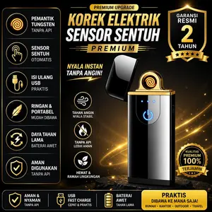 Korek Api Elektronik Premium – Dual Arc Plasma Lighter USB Rechargeable Touchscreen Metal