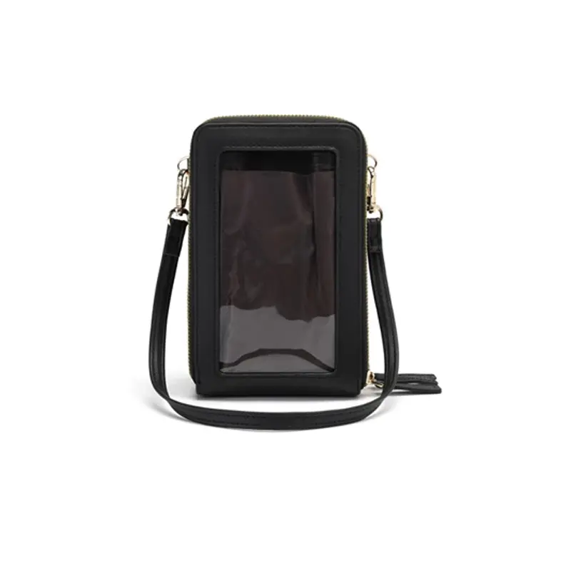 Forever Young - Tas Selempang Wanita Multifungsi Dengan 3 Resleting Untuk Hp, Makeup, Dan Dompet Bahan Kulit PU Hitam Pink 2