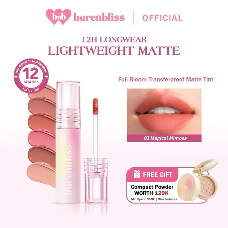 【BEST SELLING】BNB barenbliss Korean Bloomatte Full Bloom Transferproof Matte Tint LONGLAST 12H TRANSFERPROOF | Matte tint ringan, tahan lama hingga 12 jam