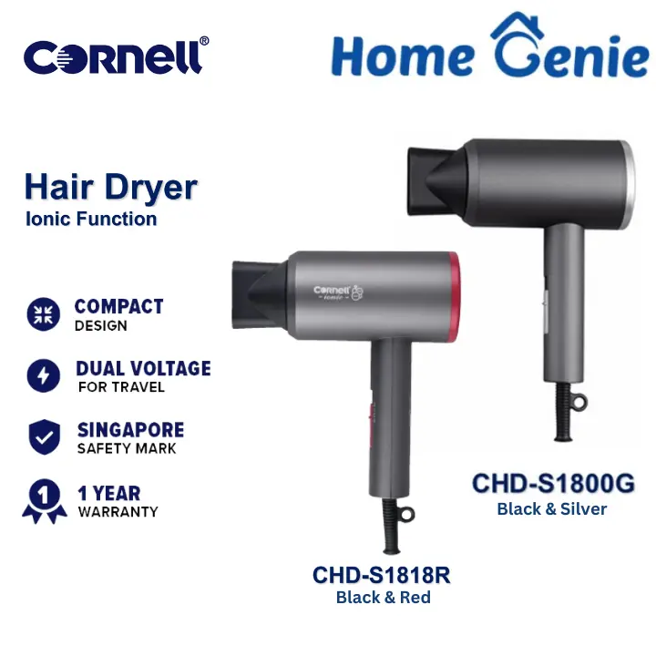 Cornell Travel Ionic Hair Dryer CHD-S181SR (Black & Red) / CHD-S1800G (Black & Silver) Ionic Hair Dryer