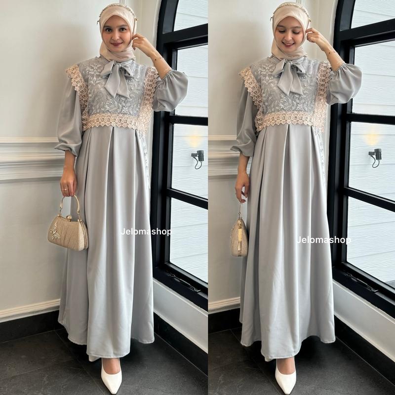 Dress Muslimah LOLI Wanita Model Rompi Tille Bordir dengan Leher Pita dan Lengan Karet - Fit Menyusui Cantik 8