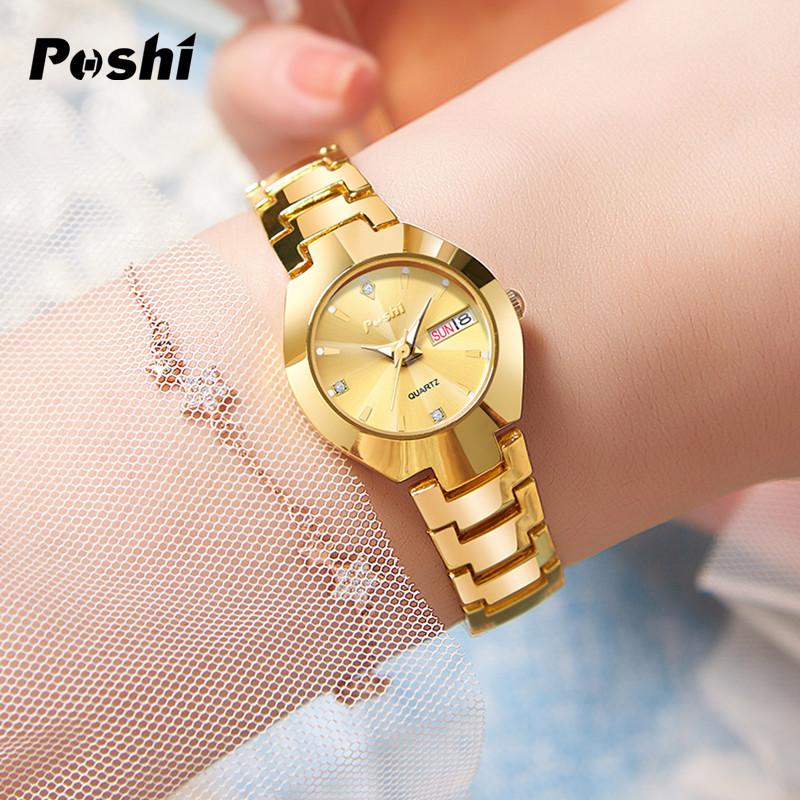Đồng Hồ Nữ Thạch Anh Relo Đa Năng Cho, Thời Trang Sang Trọng, Thương Hiệu POSHI, Không Thấm Nước, Mặt Số Nhỏ, Vàng, Hoàn Toàn Bằng Thép, Thường Ngày, Đồng Hồ Đeo Tay, Quà Tặng Giáng Sinh 1