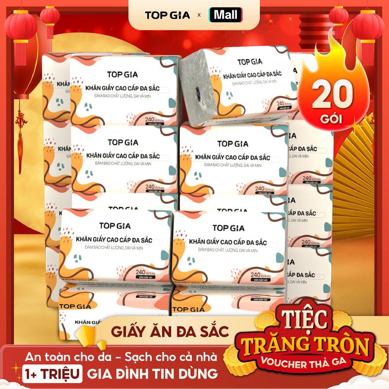 Thùng 20 Gói Giấy Ăn Cao Cấp Topgia Đa Sắc, Khăn Giấy Dập Vân 4D, 4 Lớp, Dai, Mềm Mịn  Khăn Giấy Gia Đình Đa Năng. ĐẠT QUY CHUẨN CỦA BỘ CÔNG THƯƠNG. (LHN)(VH1)