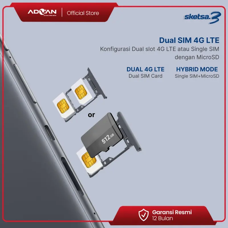 Advan Tab Sketsa 3 Layar 10.1” HD IPS 128GB+RAM 6GB Tiger T606 Android 13 Dual Sim Card Free Keyboard & Stylus Pen | Sketsa 3 Advan 6