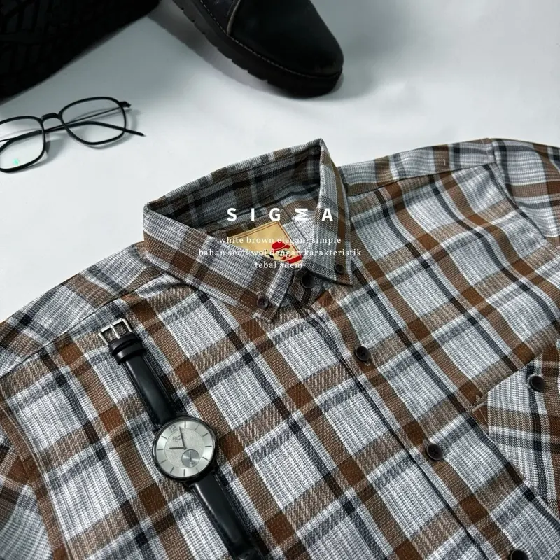 Kemeja flanel semi wool premium F2D lengan panjang unisex kemeja pria dan wanita motif kotak 45