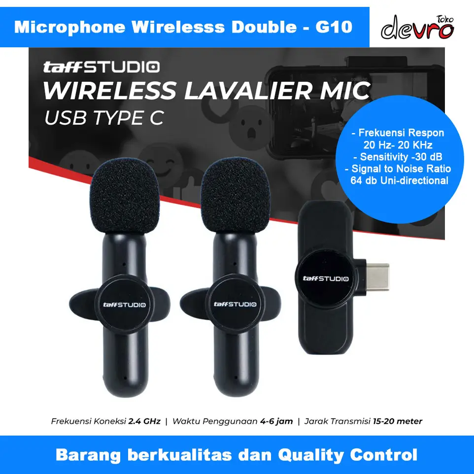 Microphone Wireless - Mikrofon Lavalier Lapel Portable USB Type C Lightning - TaffSTUDIO Mic Plastik Metal