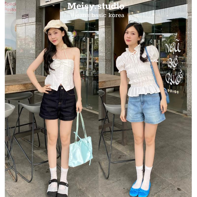 Quần Short nữ Meisy chất Jeans kaki vải jeans mềm màu xanh nhat xanh đậm vi sinh mặc mát phong cách basic Hàn Quốc