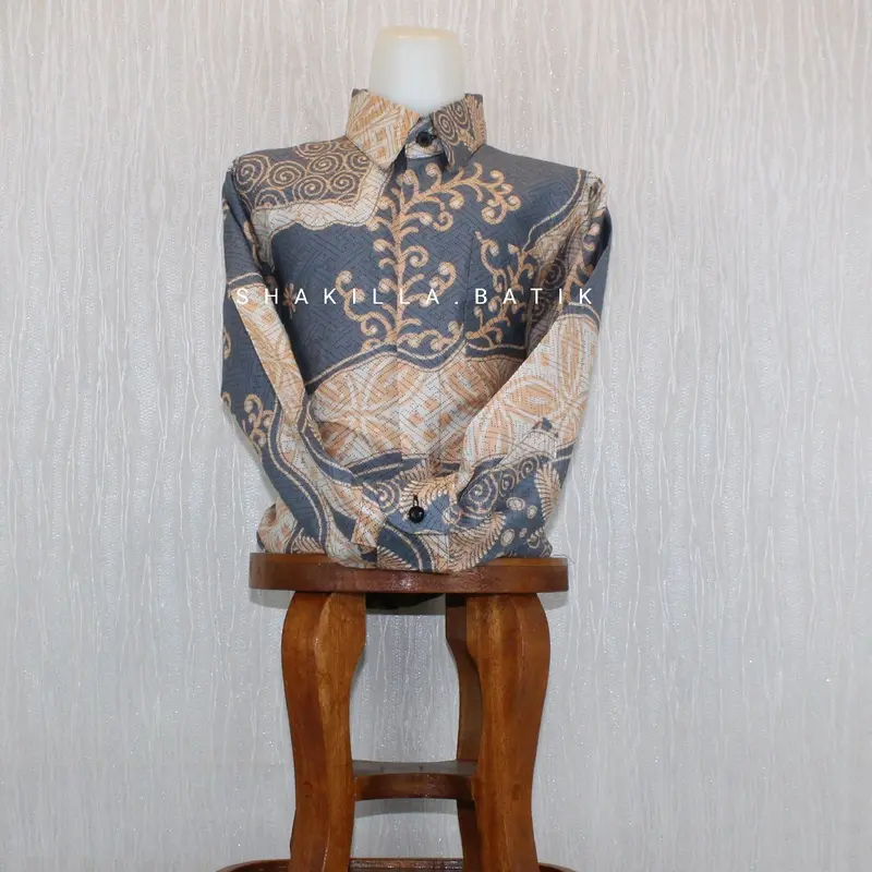 SH38.Kemeja Batik Pria lengan Panjang Couple Ayah dan Anak Bahan Katun premium Lapis Furing Warna Abu Abu Cream 3
