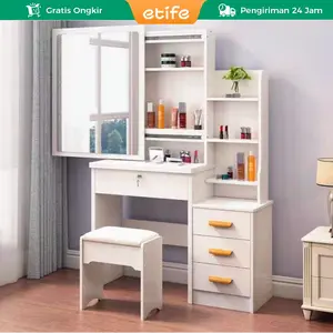 Etife Meja Rias Aesthetic Set Kursi/Meja Rias Lampu LED/Meja Rias Kaca Sliding Minimalis/Lampu LED