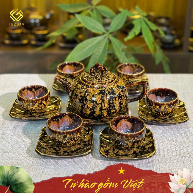   V24K  Bộ Ấm Chén Quả Hồng Hoàng Kim Sa Ánh Vàng Viền Vàng 24K Nghệ nhân Nguyễn Văn Hải - Ấm chén Bát Tràng - Gốm Sứ Luxury 