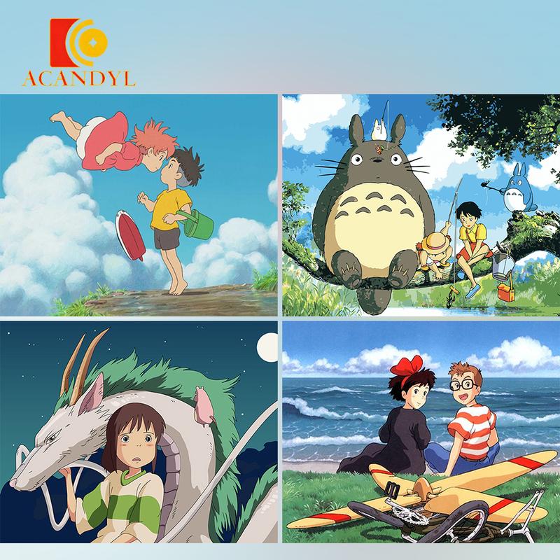 Tranh sơn theo số, ACANDYL, chủ đề Anime Ponyo và Sousuke, Totoro, kỹ thuật số với khung và công cụ vẽ, tô màu theo số, Tranh tự làm theo số, kích thước lớn (80x100cm), đồ thủ công Diy