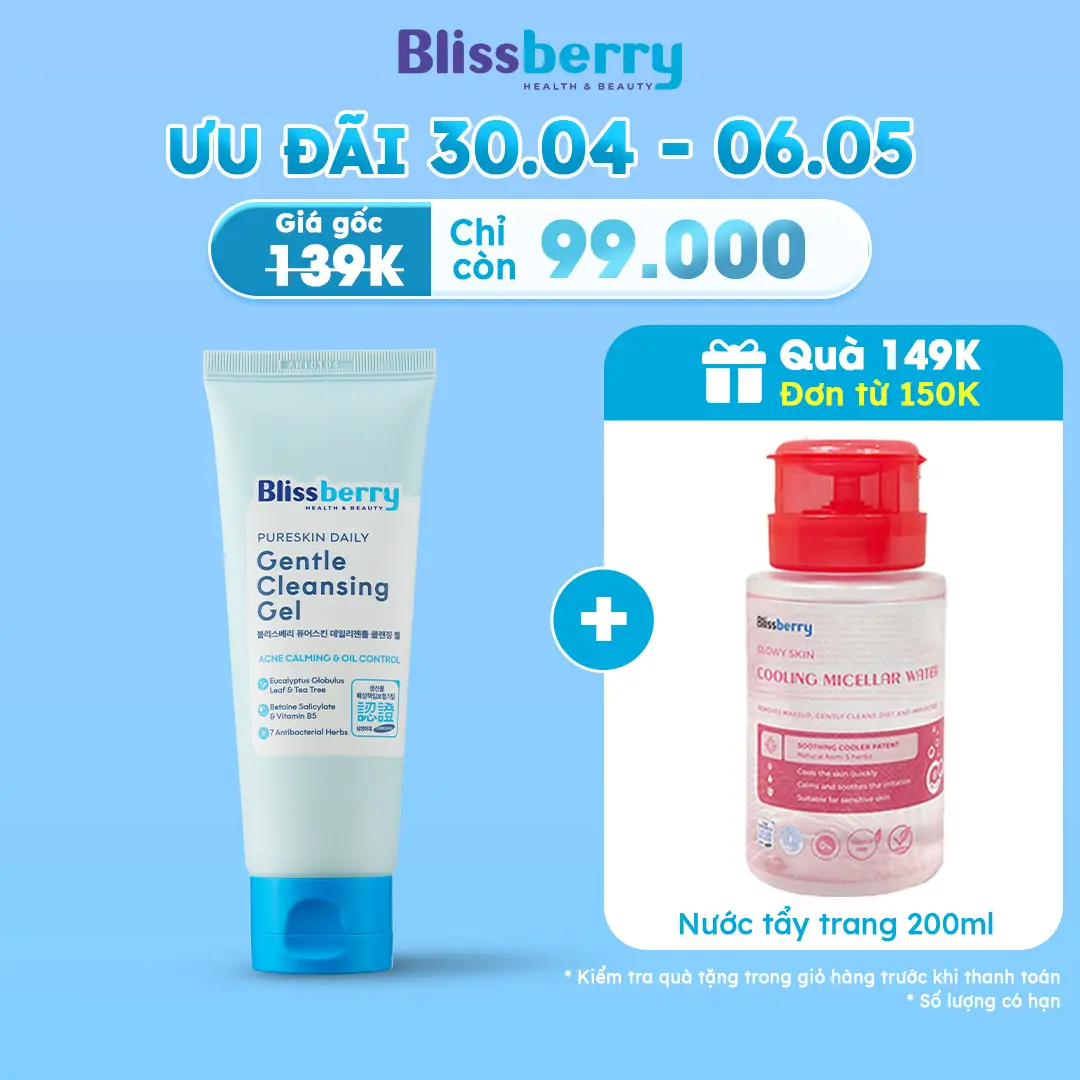[ĐƠN 150K NHẬN TẨY TRANG] Sữa rửa mặt dịu nhẹ làm sạch & hỗ trợ mụn Blissberry Daily Gentle Cleansing Gel 100ml