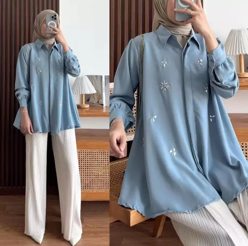 Kinaya Shakila blouse kemeja atasan fashion wanita kekinian Formal Kancing Muslim Panjang Santai Casual Hitam Katun Linen Kerja Basic Putih Crinkle Baju Airflow Oversize 6