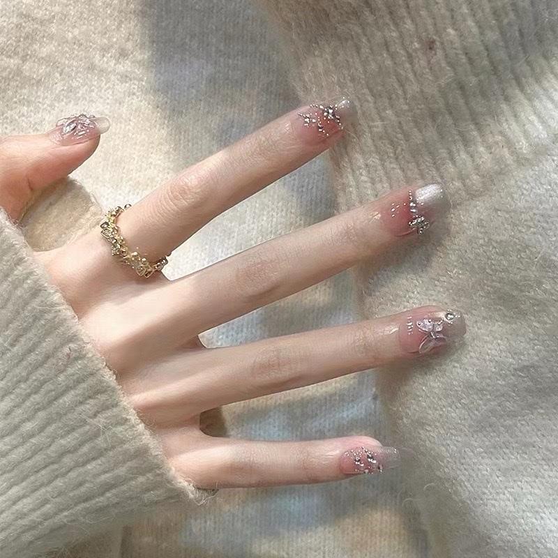 [Mã A-278] Bộ 30 nails tay tone nude hiệu ứng mắt mèo phối đá + hoạ tiết bướm xinh xắn