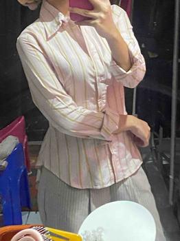 Product Review of Wispie Girl Boss Fitted Shirt | Kemeja kerja wanita fit garis stripe karet Lembut pink hijau biru from l**l 2