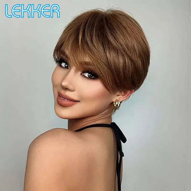 Tóc Giả Bằng Tóc Người Thật, Lekker, Mặc Và Đi, Tóc Vàng Vàng Thẳng Ngắn, Kiểu Cắt Pixie Bob, Có Mái, Dành Cho Nữ, Tóc Remy Brazil, Dễ Đội 2