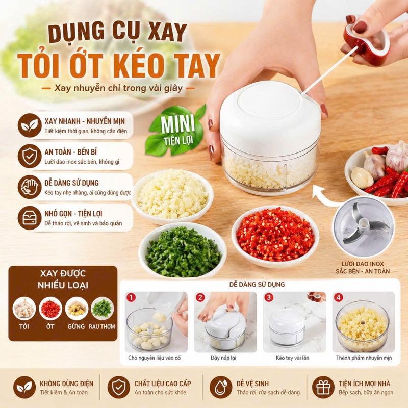 Máy xay tỏi ớt cầm tay mini - Dụng cụ xay tỏi, ớt dây rút tiện lợi