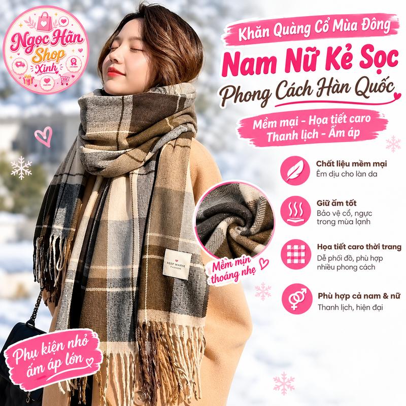 khăn kẻ sọc mùa đông , Khăn quàng cổ tua dài mềm in hình thiết kế, Khăn choàng…