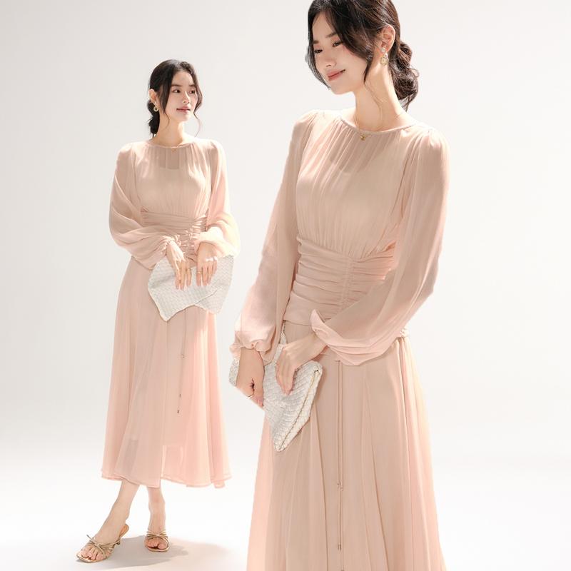  518 Váy nữ voan dài màu nude hồng tay dài thanh lịch – Đầm dự tiệc nhẹ váy đi dạo hẹn hò kiểu Hàn Quốc 