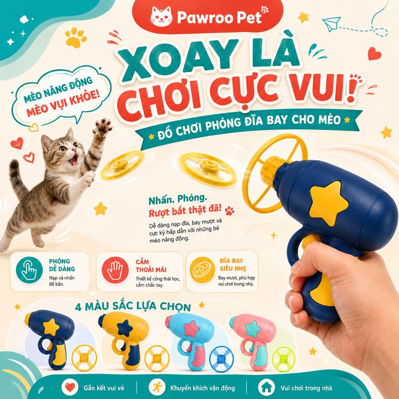 Bộ đồ chơi bắn đĩa bay cho mèo - Đồ chơi tương tác săn mồi