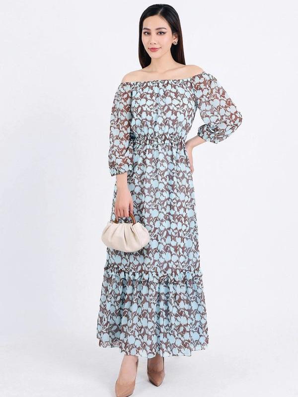  FDP93447 - Đầm dạo phố vải chiffon dáng suông hai lớp lót habutai kiểu trễ vai tay lỡ eo bo chun gấu váy xếp tầng tạo kiểu - PANTIO 