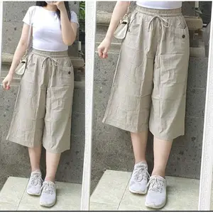 celana kulot 7/8 linen kekinian karet nyaman santai standar jumbo short