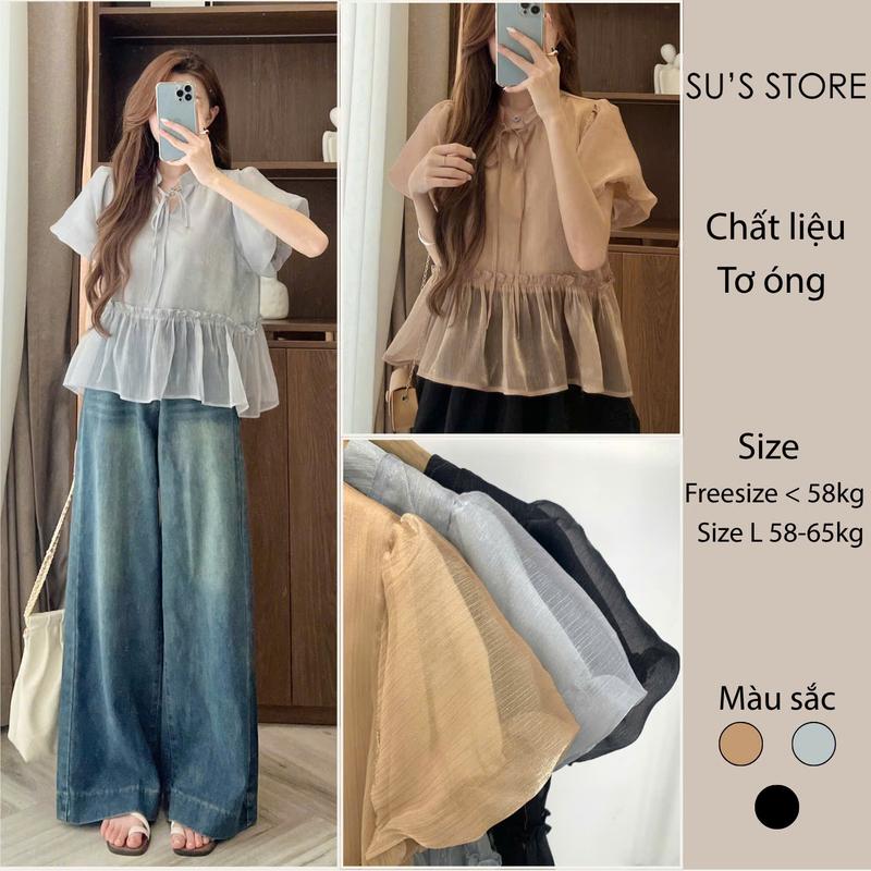 Áo Babydoll Cổ Nơ Tay Bồng Dáng Rộng Chất Tơ Óng Susstore A3022 Thời Trang Nữ
