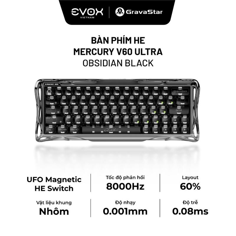 Bàn phím HE Gravastar Mercury V60 Ultra Obsidian Black - UFO Magnetic HE Switch, Tốc độ phản hồi 8000Hz, Layout 60%