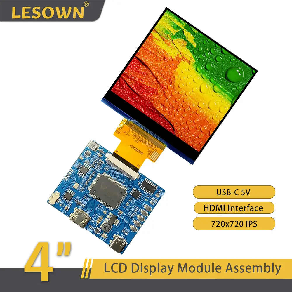 LESOWN Small LCD Screen 4 inch HDMI 720x720 IPS HD Resolution USB C Tiny Compact Display Module for PC Camera Medical Equipment