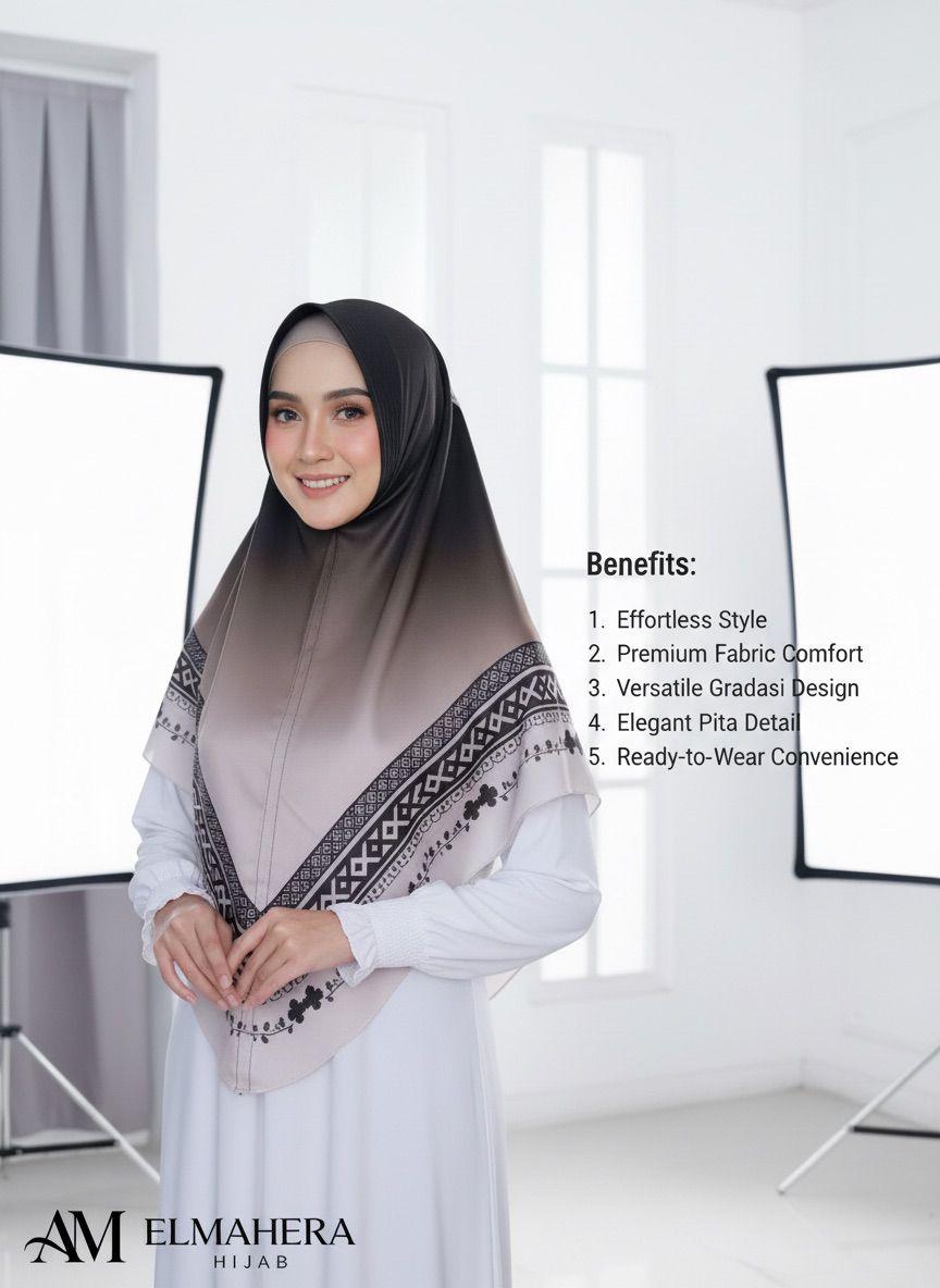 Hijab Bergo Motif Gradasi Pita Jersey Premium Bahan Nyaman 10 Warna Elegan & Tampilan Menarik