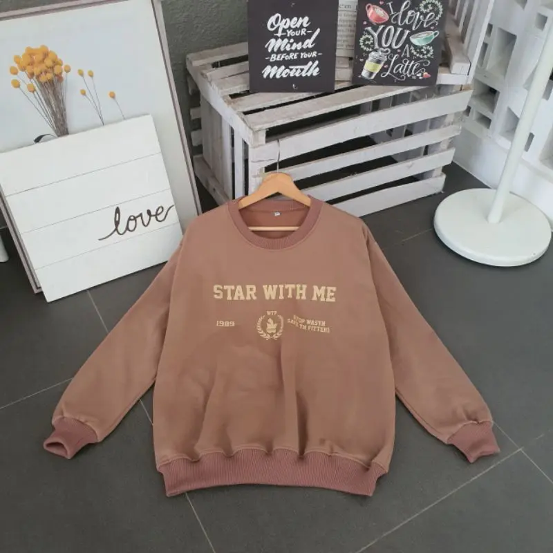 Sweater Wanita Star With Me Oversize Crewneck Fleece Fit Tebal Basic Sweatshirt Oblong 4