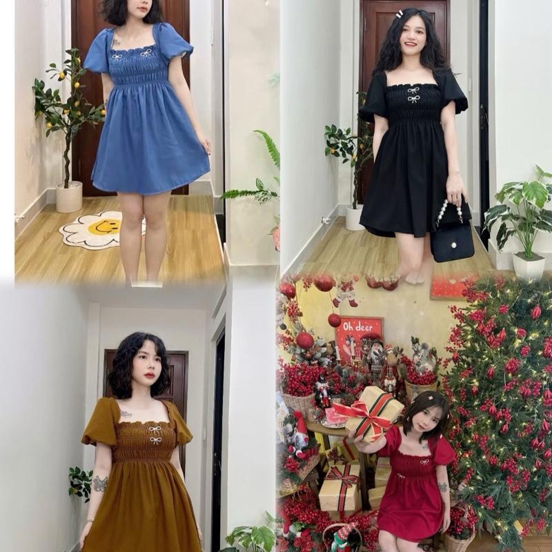 Bigsize 60-140kg đầm babydoll cổ vuông phối nơ tay bồng