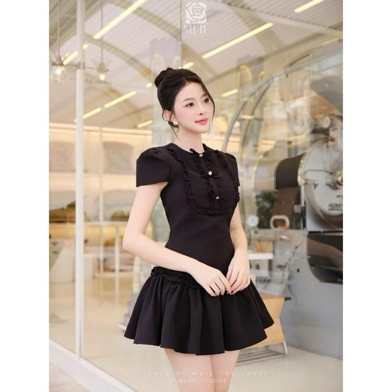 NTH BIGSIZE- Váy thiết kế váy xoè cổ tròn bèo đính nơ chất tuyết mưa ép mùng váy sang chảnh váy dự tiệc cưới thanh lịch tiểu thư BIGSZIE