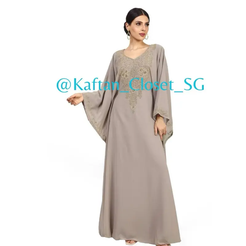 Inaya gold stonework flair sleeves luxury kaftan. Black/ taupe/ mauve purple. Chiffon with inner attached and tie back. Occasions wear.