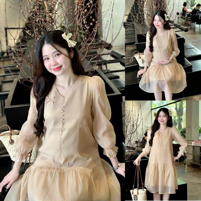 Đầm bầu Moha tơ gạo cổ V đính nơ form đuôi cá trẻ trung 2 lớp mang đi tiệc mang Tết