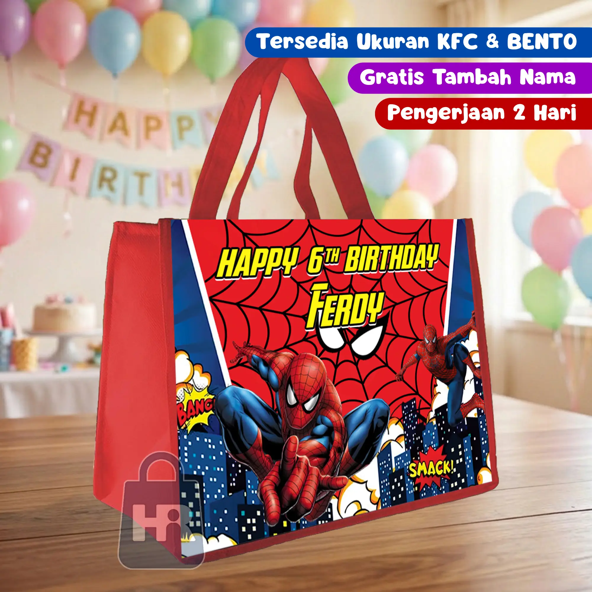 (30 pcs) CUSTOM NAMA Tas Ulang Tahun Anak Termurah Tas Ultah Ukuran KFC BENTO Snack Tas Ultah Terlaris Tas Souvenir Ultah Anak Goodie Bag Kain Spunbond Bingkisan Souvenir Anak