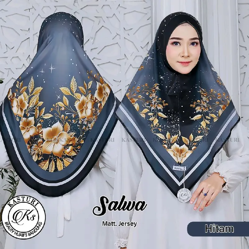 Salwa Hijab bergo printing bunga gold segitiga malay non busa Kerudung Wanita Instan Muslim Nyaman Panjang 1