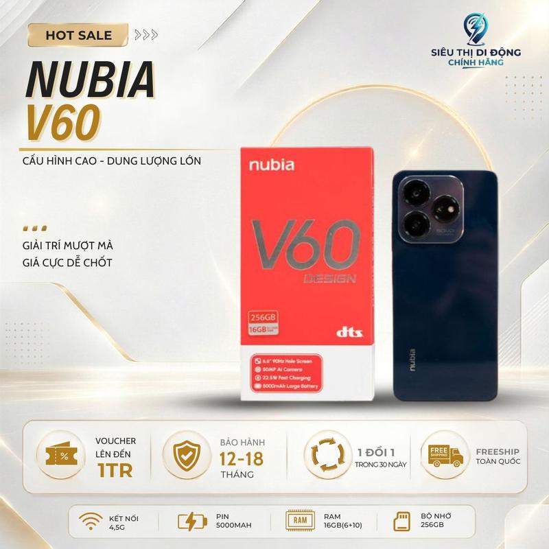 V60 ZTE Nubia V60 Design thiết kế sang trọng nổi bật, camera AI 50MP chụp đẹp, màn 90Hz mượt mà, pin 5000mAh sạc nhanh 25W, điện thoại nguyên seal full box, RAM 16GB (6+10), 256GB