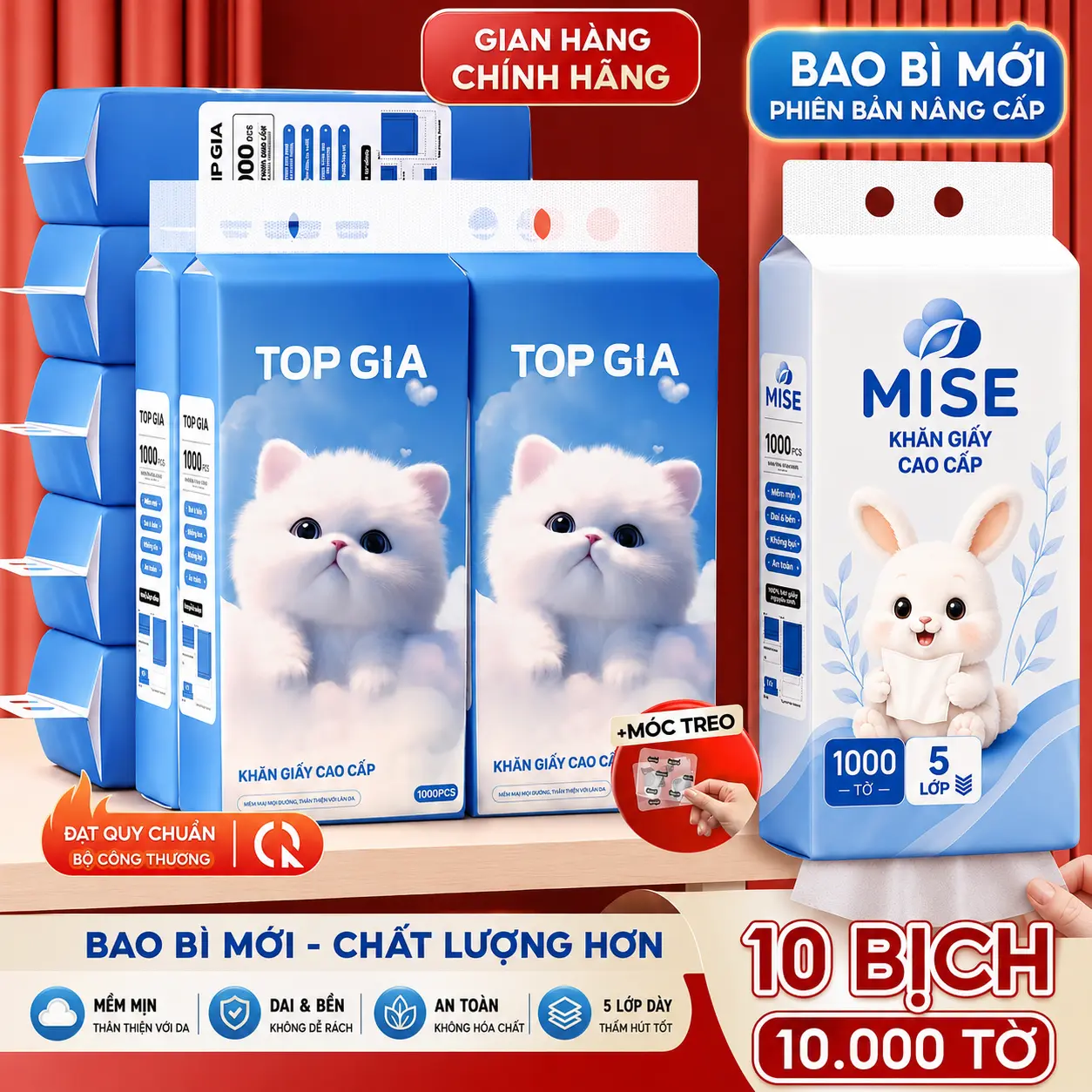 [XẢ KHO- 10 BỊCH 1 VẠN TỜ] 10.000 TỜ Thùng 10 Bịch Giấy Rút Đáy GIA GIA & MISE 5 lớp mềm mịn, 200 lần rút, làm từ bột gỗ tự nhiên an toàn, ĐẠT QUY CHUẨN BỘ CÔNG THƯƠNG, tặng kèm 3 móc treo tiện lợi (vtg68) #topgia