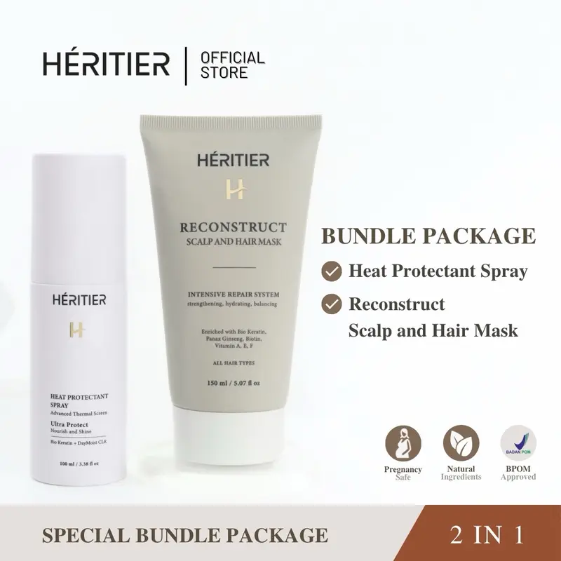 [2 IN 1 BUNDLE SET] Heritier Heat Protectant Spray + Reconstruct Scalp and Hair Mask 0