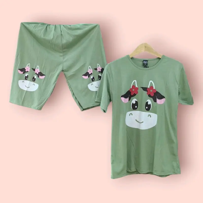 Setelan dewasa wanita pendek pendek motif moo moo 1
