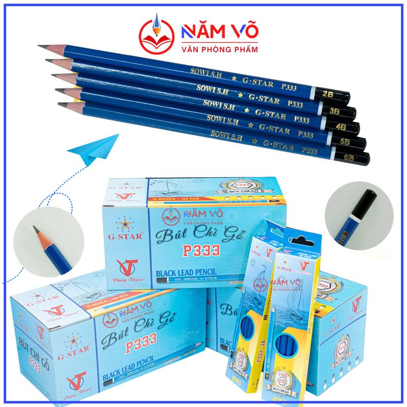 [ P333 ] HỘP 12 Cây Bút Chì Đen / Viết Chì Đen Thân Gỗ Màu Xanh, G-Star/ GStar P 333 Khó Gãy, Dễ Chuốt (2B, 3B, 4B, 5B, 6B)