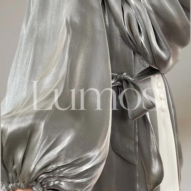 Product Introduction of LM005 Ramadan Eid Shiny Satin Open Abaya No Inner  Cardigan With Bubble Balloon Sleeves Jilbab Muslim Dress 6